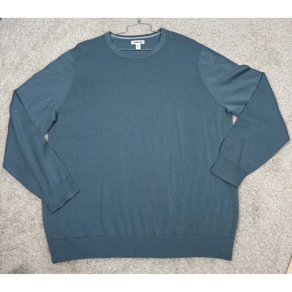 Lands End Fine Gauge Cotton Crew Neck Pullover Sweater Mens XXLT Thin Knit Green